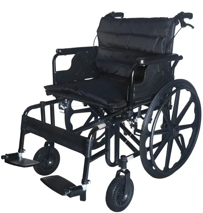 SILLA RUEDAS PREMIUM ANCHA ACERO C/NEGR LL.GRUESAS TODO TERR. DOBLE CRUC - TRIPLE FRENO REPOS. ALUMINIO POSAPIES NO DESMONT.