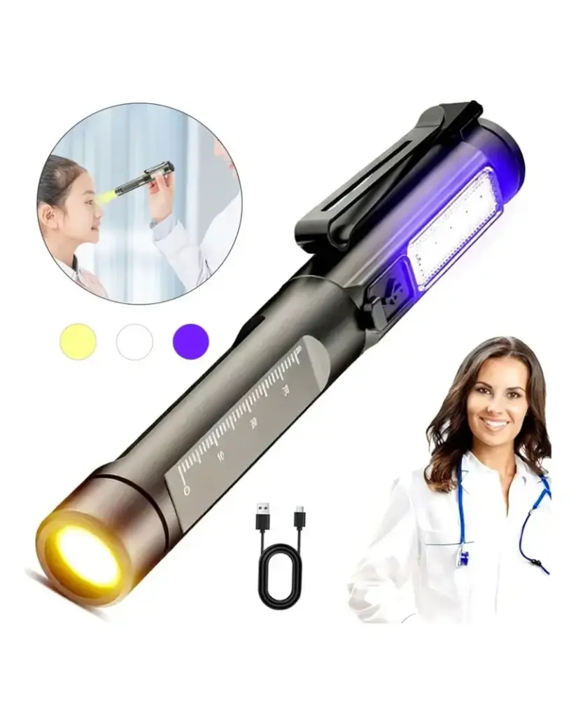 LINTERNA DE EXAMEN MEDICO 3 EN 1 RECARGABLE / LUZ BLANCA, AMARILLA Y MORADA 