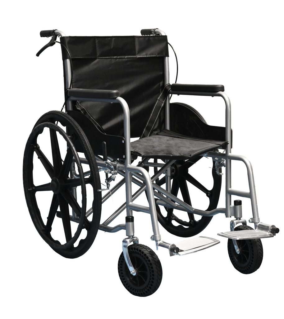 SILLA DE RUEDAS ESTANDAR C/NEGRO ACERO LL.GRUESAS TODO TERRENO LL. ABS DOBLE CRUC REPOS. ALUM DOBLE FRENO