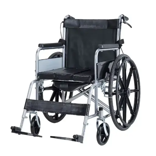 [0470066] SILLA RUEDAS ESTANDAR C/BACIN INODORO ACERO LL.GRUESAS TODO TERRENO DOBLE CRUC REPOS.ALUM TRIPLE FRENO