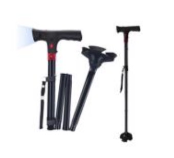 [0040025] BASTON PLEGABLE EN ALUMINIO C/LUZ LED C/NEGRO TRES PATAS INCL.: AGARRADERA TIPO PULSERA