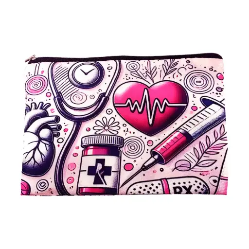 [5000042] CARTUCHERA CON PATRONES MEDICOS DE TELA C/ROSADO ALTURA 15 – LARGO 22CM